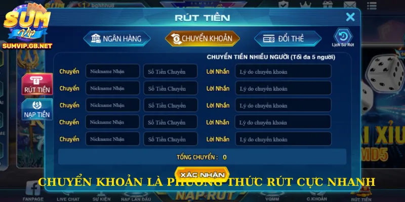 Chuyển khoản là phương thức rút cực nhanh